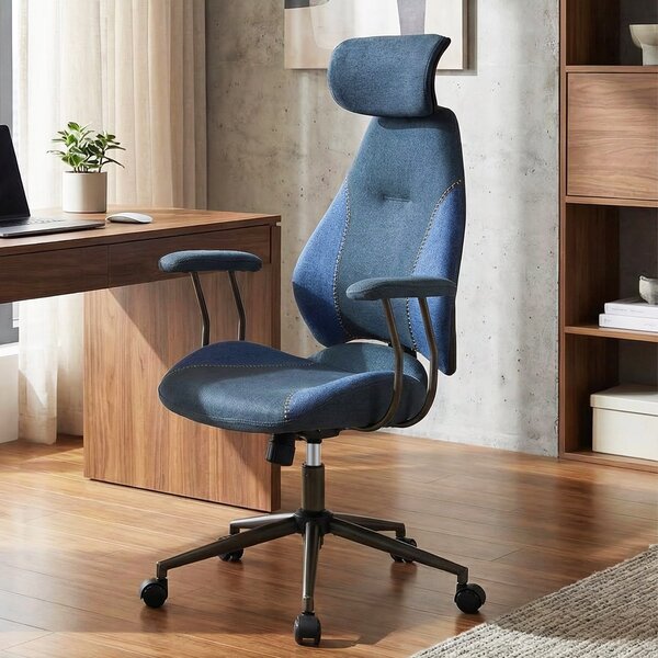 Costway Sedia ufficio ergonomica scrivania tessuto lino poggiatesta 2D schienale oscillante, Sedia ruote poltrona lavoro regolabile girevole Blu