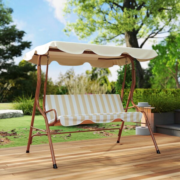 Outsunny Dondolo da giardino 3 posti Tetto impermeabilizzato Inclinazione regolabile Cuscini seduta schienale marrone, crema rigato | Aosom Italy