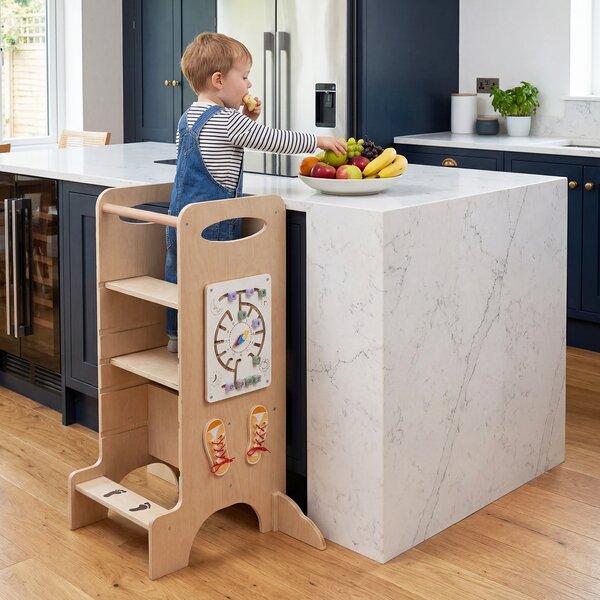 Costway Torre legno bambini sgabello cucina 3 altezze regolabili lavagna rimovibile, Torre giochi montessori impronte corrimano sicurezza piedini antiribaltamento