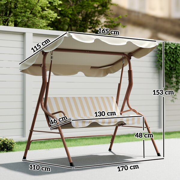 Outsunny Dondolo da giardino 3 posti Tetto impermeabilizzato Inclinazione regolabile Cuscini seduta schienale marrone, crema rigato | Aosom Italy