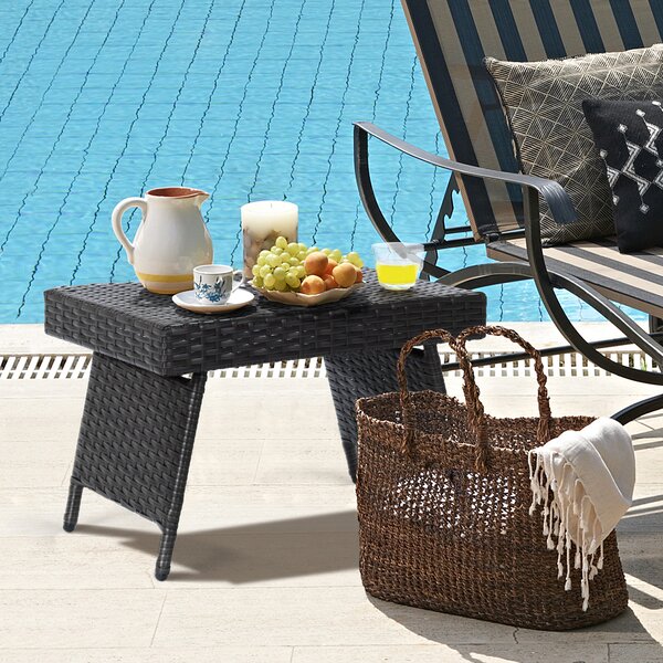 Costway Tavolino caffè vimini pieghevole pvc acciaio resistente antiscivolo, Tavolino esterno piscina cortile balcone giardino salva spazio