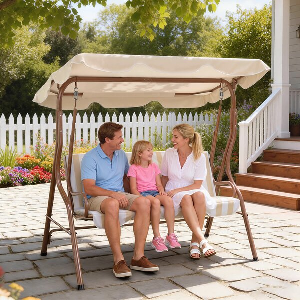 Outsunny Dondolo da giardino 3 posti Tetto impermeabilizzato Inclinazione regolabile Cuscini seduta schienale marrone, crema rigato | Aosom Italy