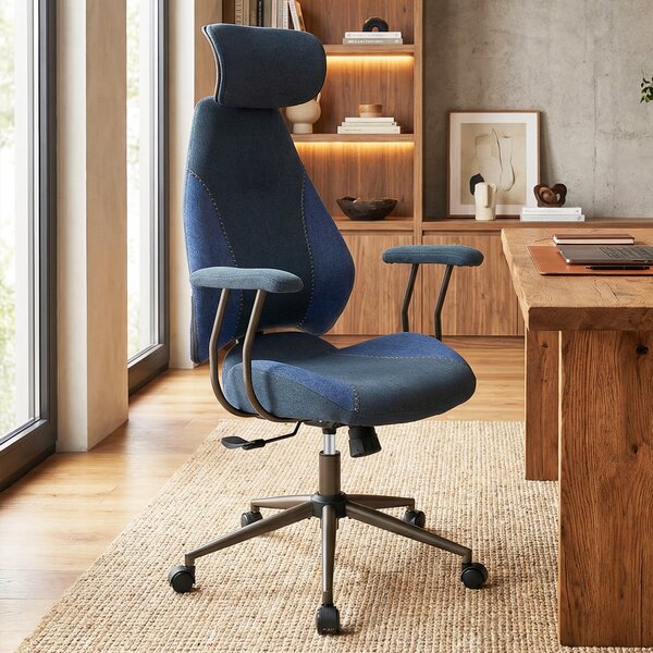 Costway Sedia ufficio ergonomica scrivania tessuto lino poggiatesta 2D schienale oscillante, Sedia ruote poltrona lavoro regolabile girevole Blu