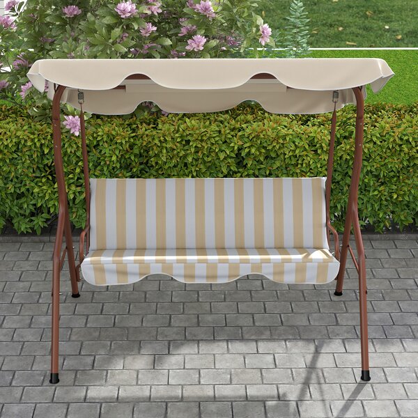 Outsunny Dondolo da giardino 3 posti Tetto impermeabilizzato Inclinazione regolabile Cuscini seduta schienale marrone, crema rigato | Aosom Italy