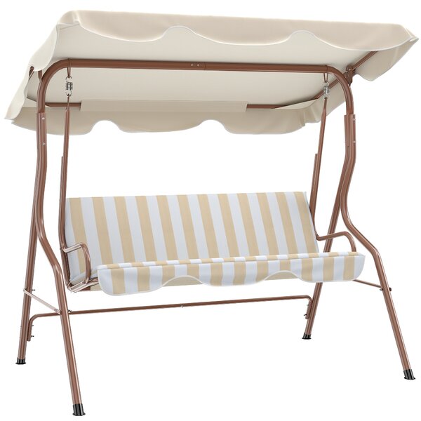 Outsunny Dondolo da giardino 3 posti Tetto impermeabilizzato Inclinazione regolabile Cuscini seduta schienale marrone, crema rigato | Aosom Italy
