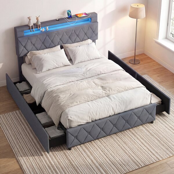 Costway Cornice letto matrimoniale luci led porte usb cassetti testiera, Cornice stoccaggio regolabile doghe legno senza rete 207,5 x 146 x 101-114,5 cm