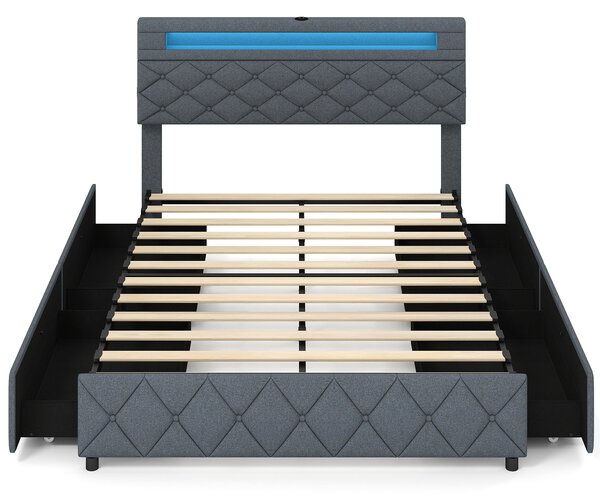 Costway Cornice letto matrimoniale luci led porte usb cassetti testiera, Cornice stoccaggio regolabile doghe legno senza rete 207,5 x 146 x 101-114,5 cm