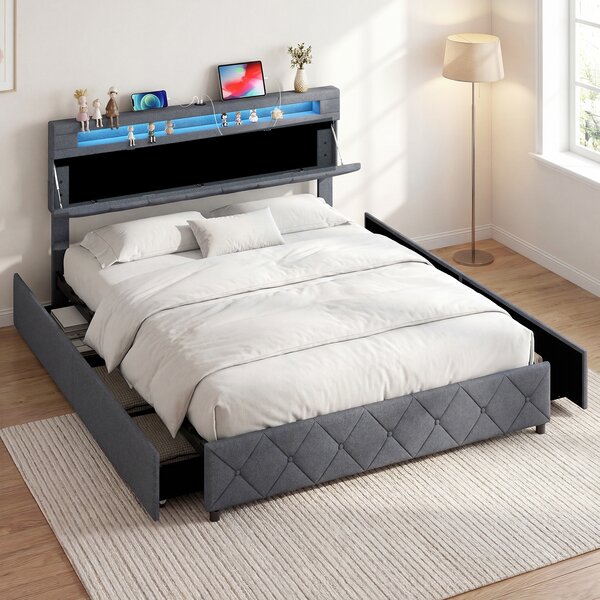Costway Cornice letto matrimoniale luci led porte usb cassetti testiera, Cornice stoccaggio regolabile doghe legno senza rete 207,5 x 165 x 101-114,5 cm