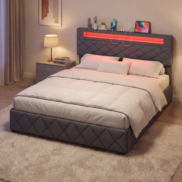 Costway Cornice letto matrimoniale luci led porte usb cassetti testiera, Cornice stoccaggio regolabile doghe legno senza rete 207,5 x 165 x 101-114,5 cm