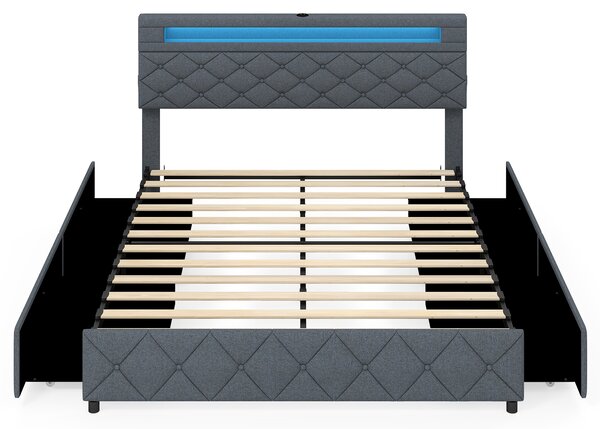 Costway Cornice letto matrimoniale luci led porte usb cassetti testiera, Cornice stoccaggio regolabile doghe legno senza rete 207,5 x 165 x 101-114,5 cm