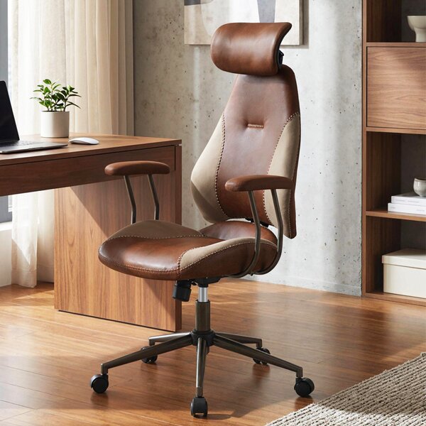 Costway Sedia ufficio ergonomica scrivania tessuto lino poggiatesta 2D schienale oscillante, Sedia ruote poltrona lavoro regolabile girevole Marrone