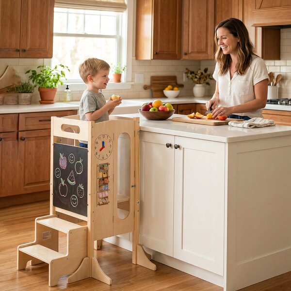 Costway Torre pieghevole bambini sgabello cucina legno 2 scalini rete sicurezza, Torre apprendimento lavagna giochi montessori bambini 3+ anni Naturale
