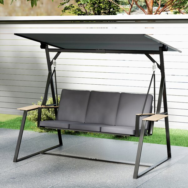Outsunny Dondolo da Giardino Esterno a 3 Posti con Tetto Regolabile 2 Vassoi Cuscini e Telaio in Metallo Portata 360 kg Grigio | Aosom Italy