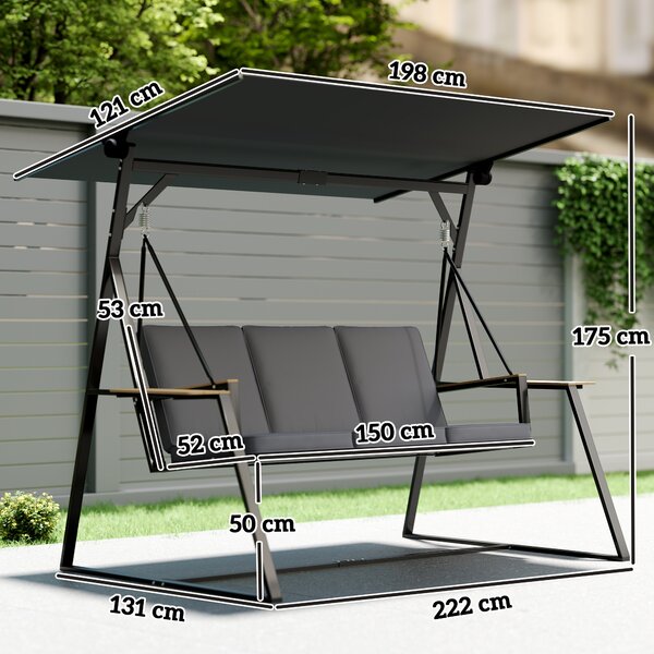 Outsunny Dondolo da Giardino Esterno a 3 Posti con Tetto Regolabile 2 Vassoi Cuscini e Telaio in Metallo Portata 360 kg Grigio | Aosom Italy