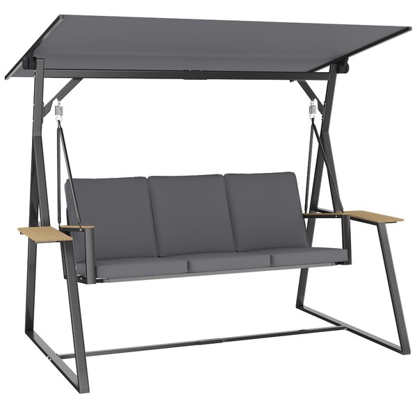 Outsunny Dondolo da Giardino Esterno a 3 Posti con Tetto Regolabile 2 Vassoi Cuscini e Telaio in Metallo Portata 360 kg Grigio | Aosom Italy