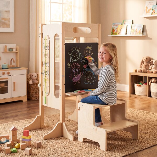 Costway Torre pieghevole bambini sgabello cucina legno 2 scalini rete sicurezza, Torre apprendimento lavagna giochi montessori bambini 3+ anni Naturale