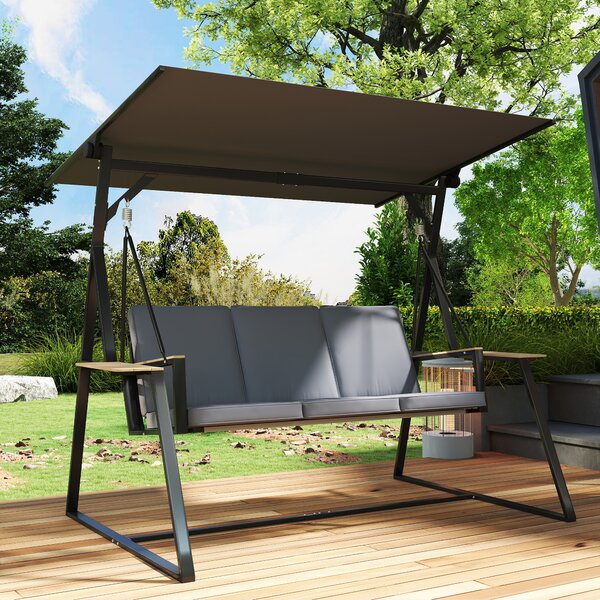 Outsunny Dondolo da Giardino Esterno a 3 Posti con Tetto Regolabile 2 Vassoi Cuscini e Telaio in Metallo Portata 360 kg Grigio | Aosom Italy