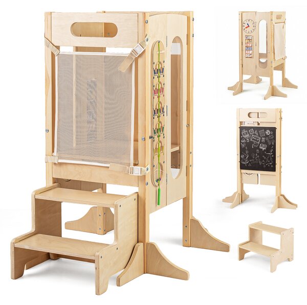 Costway Torre pieghevole bambini sgabello cucina legno 2 scalini rete sicurezza, Torre apprendimento lavagna giochi montessori bambini 3+ anni Naturale