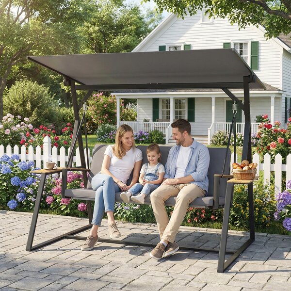 Outsunny Dondolo da Giardino Esterno a 3 Posti con Tetto Regolabile 2 Vassoi Cuscini e Telaio in Metallo Portata 360 kg Grigio | Aosom Italy