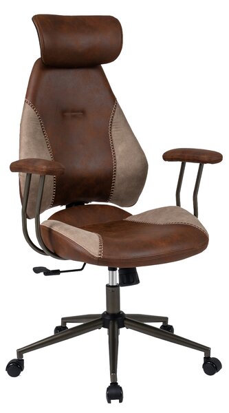 Costway Sedia ufficio ergonomica scrivania tessuto lino poggiatesta 2D schienale oscillante, Sedia ruote poltrona lavoro regolabile girevole Marrone