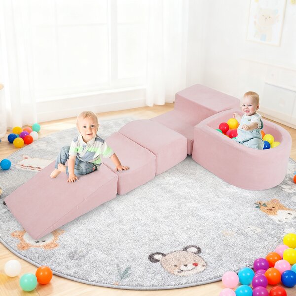 Costway Blocchi arrampicata schiuma bambini set 5 pezzi arrampicata strisciamento piscina palline, Blocchi rivestimenti velluto coste gioco schiuma interno Rosa