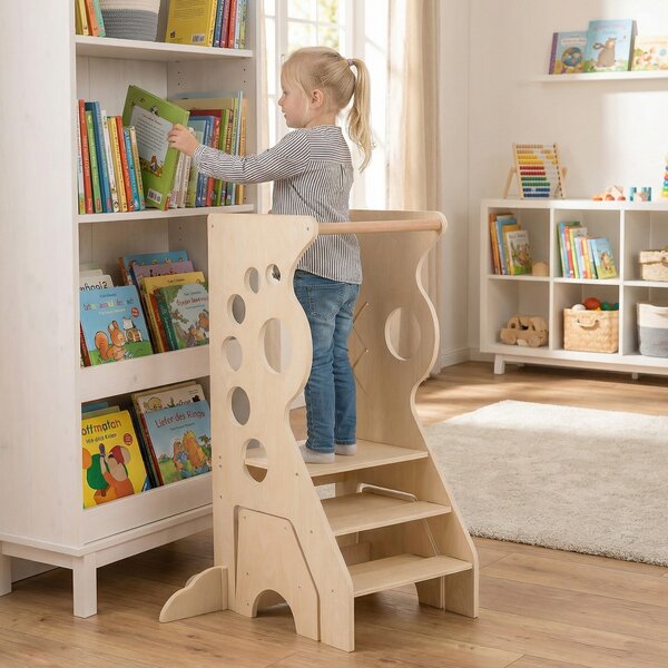 Costway Sgabello cucina bambini torretta legno 2 in 1 barre sicurezza rimovibili 2 scalini, Sgabello set tavolo sedia versatile gioco montessori bambini 3+ anni