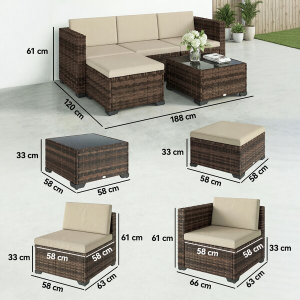 Outsunny Set da Giardino Esterno in Rattan 5 Pezzi con Cuscini 2 Poltrone Angolari Poltrona senza Braccioli Poggiapiedi e Tavolino | Aosom Italy