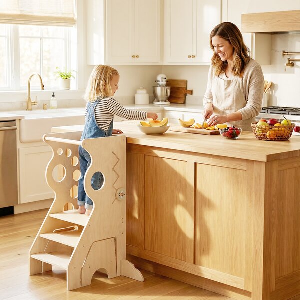 Costway Sgabello cucina bambini torretta legno 2 in 1 barre sicurezza rimovibili 2 scalini, Sgabello set tavolo sedia versatile gioco montessori bambini 3+ anni