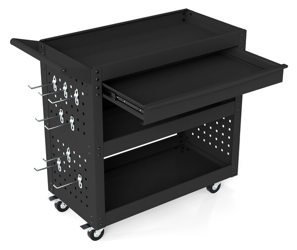 Costway Carrello portautensili 3 ripiani ruote organizzatore meccanico metallo cassetto grande, Carrello 2 pannelli forati 8 ganci servizio garage officina