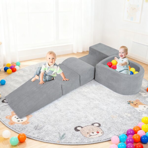 Costway Blocchi arrampicata schiuma bambini set 5 pezzi arrampicata strisciamento piscina palline, Blocchi rivestimenti velluto coste gioco schiuma interno Grigio