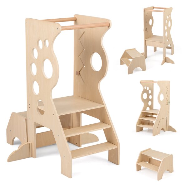 Costway Sgabello cucina bambini torretta legno 2 in 1 barre sicurezza rimovibili 2 scalini, Sgabello set tavolo sedia versatile gioco montessori bambini 3+ anni