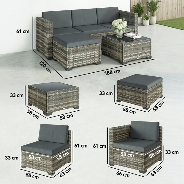Outsunny Set da Giardino Esterno in Rattan 5 Pezzi con Cuscini 2 Poltrone Angolari Poltrona senza Braccioli Poggiapiedi e Tavolino | Aosom Italy