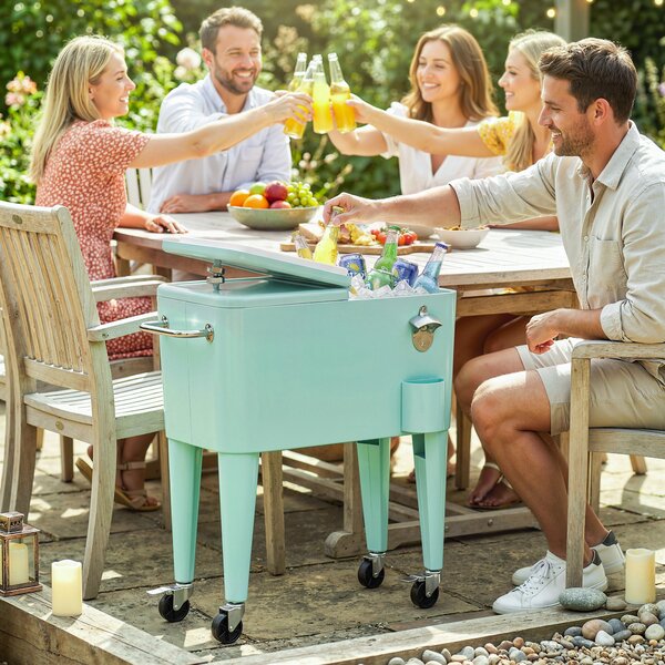 Outsunny Carrello Refrigerato per Bevande 56 L con Ruote Apribottiglie Raccoglitappi e Manico per Giardino Festa 75x35x78 cm Verde Chiaro | Aosom Italy