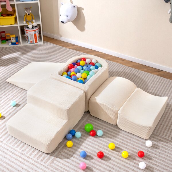 Costway Blocchi arrampicata schiuma bambini set 5 pezzi arrampicata strisciamento piscina palline, Blocchi rivestimenti velluto coste gioco schiuma interno Beige