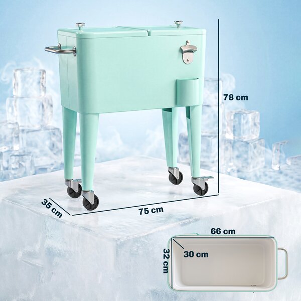 Outsunny Carrello Refrigerato per Bevande 56 L con Ruote Apribottiglie Raccoglitappi e Manico per Giardino Festa 75x35x78 cm Verde Chiaro | Aosom Italy