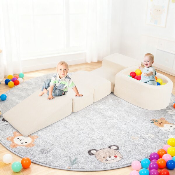 Costway Blocchi arrampicata schiuma bambini set 5 pezzi arrampicata strisciamento piscina palline, Blocchi rivestimenti velluto coste gioco schiuma interno Beige
