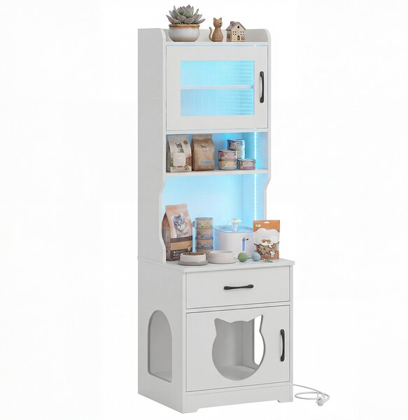 Costway Recinto lettiere gatti luce led regolabile portaoggetti ricarica, Recinto toilette nascosto cassetto armadietto telecomando gatti 152cm Bianco