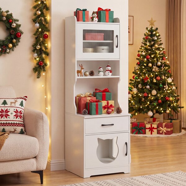 Costway Recinto lettiere gatti luce led regolabile portaoggetti ricarica, Recinto toilette nascosto cassetto armadietto telecomando gatti 152cm Bianco