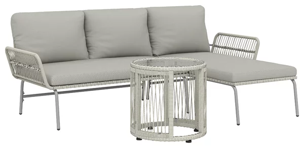 Outsunny Set di mobili da giardino in polyrattan 3 pezzi, set lounge con chaiselongue divano 2 posti tavolo in vetro cuscini sfoderabili | Aosom Italy