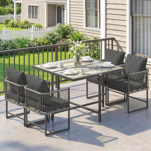 Outsunny Set di mobili da giardino in polyrattan 5 pezzi salvaspazio con tavolo e 4 sedie piano DPC cuscini Grigio | Aosom Italy