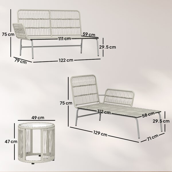 Outsunny Set di mobili da giardino in polyrattan 3 pezzi, set lounge con chaiselongue divano 2 posti tavolo in vetro cuscini sfoderabili | Aosom Italy