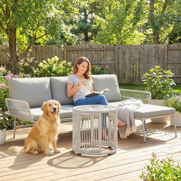 Outsunny Set di mobili da giardino in polyrattan 3 pezzi, set lounge con chaiselongue divano 2 posti tavolo in vetro cuscini sfoderabili | Aosom Italy