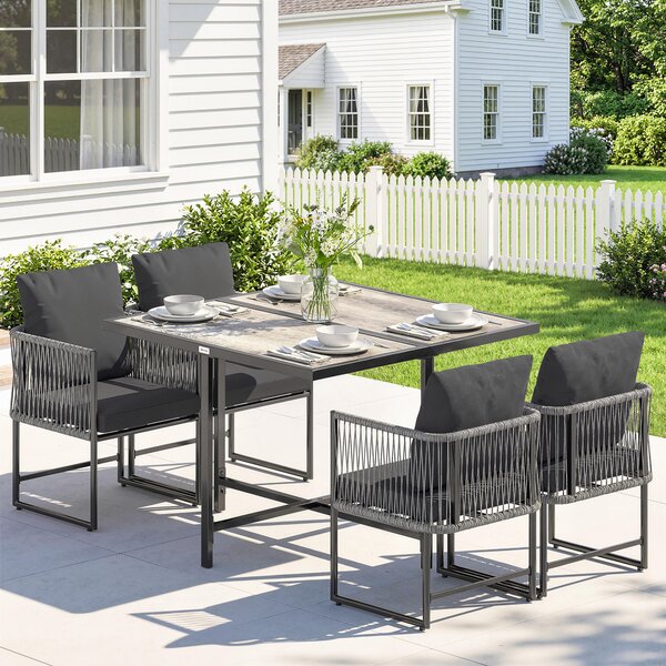 Outsunny Set di mobili da giardino in polyrattan 5 pezzi salvaspazio con tavolo e 4 sedie piano DPC cuscini Grigio | Aosom Italy