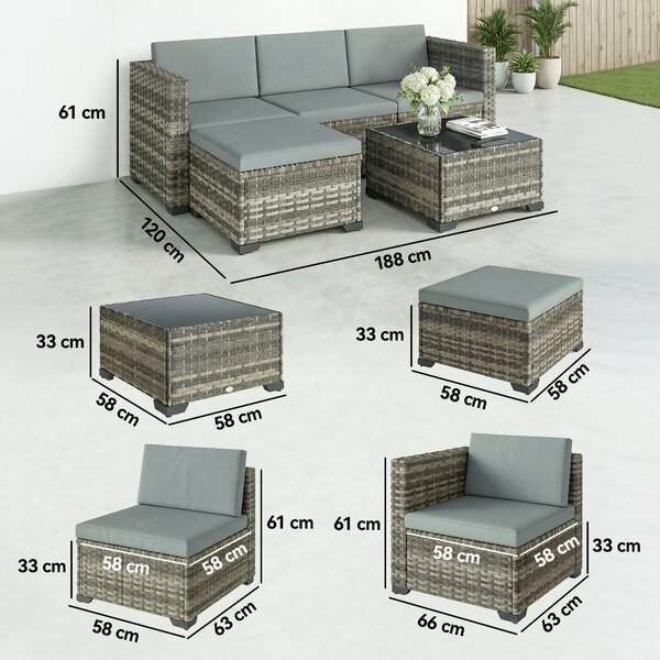 Outsunny Set da Giardino Esterno in Rattan 5 Pezzi con Cuscini 2 Poltrone Angolari Poltrona senza Braccioli Poggiapiedi e Tavolino | Aosom Italy