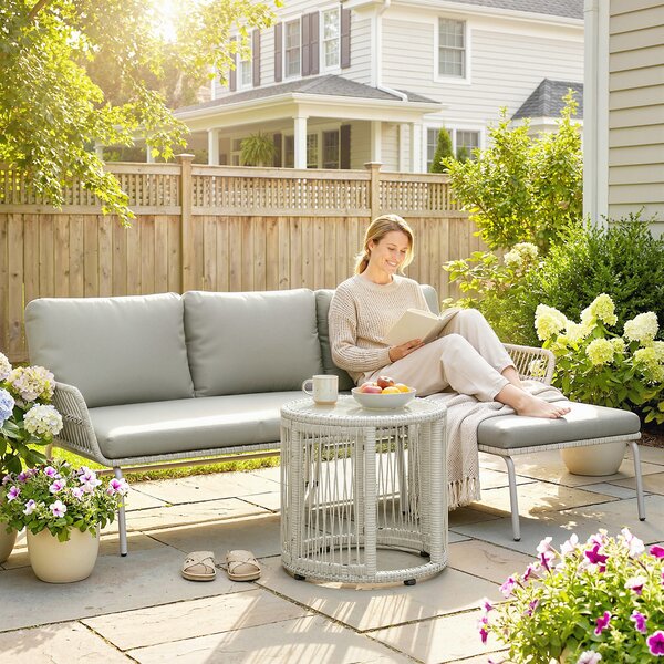 Outsunny Set di mobili da giardino in polyrattan 3 pezzi, set lounge con chaiselongue divano 2 posti tavolo in vetro cuscini sfoderabili | Aosom Italy
