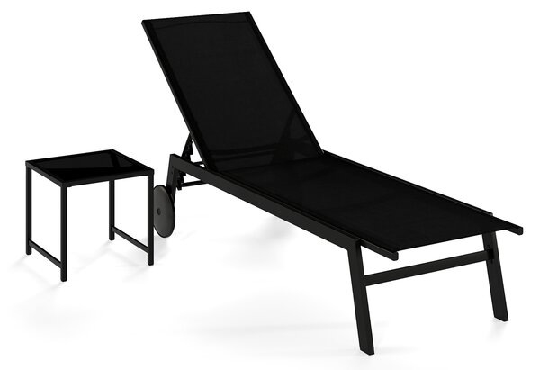 Costway Tavolino rotondo esterno piano vetro temperato foro ombrellone 4,2 cm, Tavolino struttura metallica robusta caffè giardino cortile piscina Nero