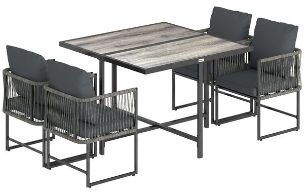 Outsunny Set di mobili da giardino in polyrattan 5 pezzi salvaspazio con tavolo e 4 sedie piano DPC cuscini Grigio | Aosom Italy