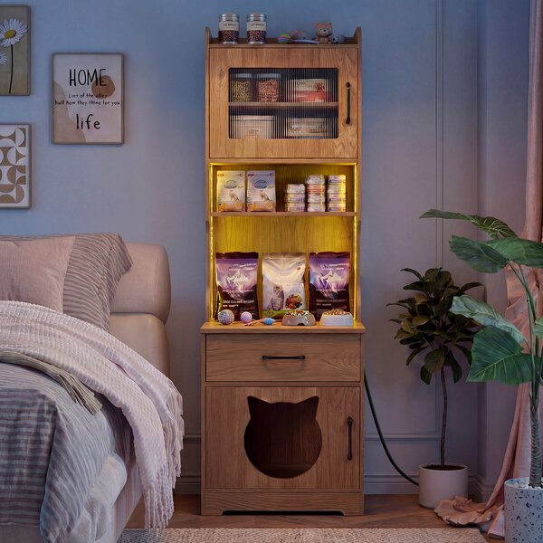 Costway Recinto lettiere gatti luce led regolabile portaoggetti ricarica, Recinto toilette nascosto cassetto armadietto telecomando gatti 152cm Naturale