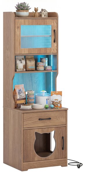 Costway Recinto lettiere gatti luce led regolabile portaoggetti ricarica, Recinto toilette nascosto cassetto armadietto telecomando gatti 152cm Naturale