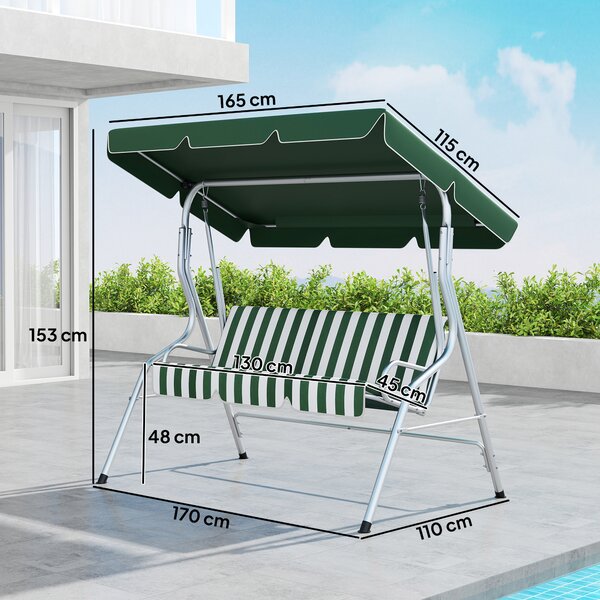 Outsunny Dondolo da giardino 3 posti, altalena esterna con tetto inclinabile regolabile, motivo a righe 1,7 x 1,1 x 1,53 m verde | Aosom Italy